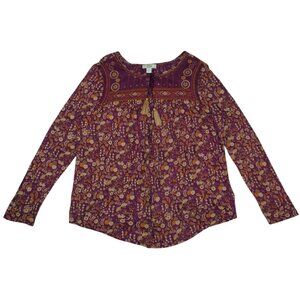 Vintage America Blues Boho Floral Peasant Top Plum Gold Tassel L.